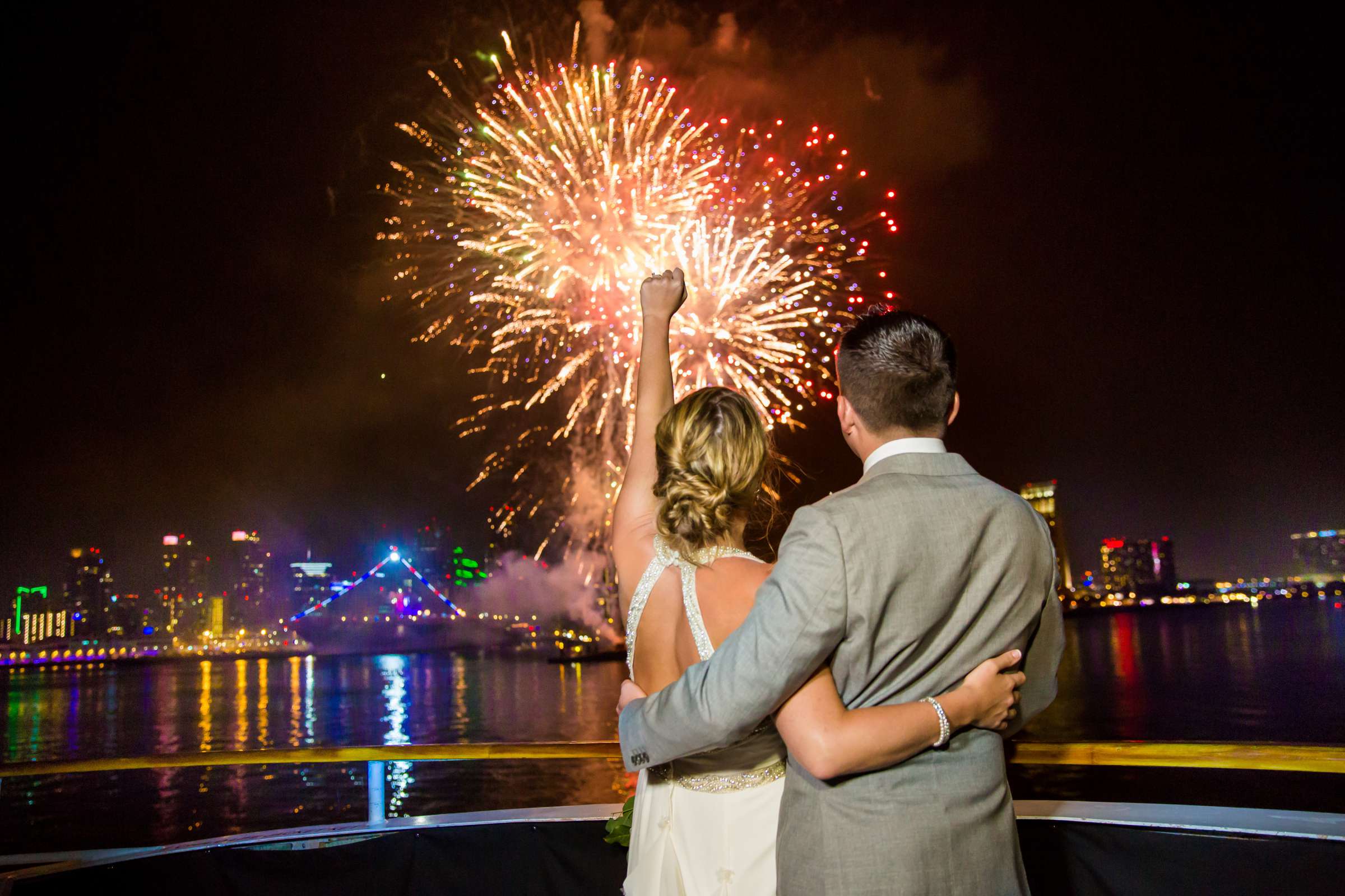 Reception, Boat Wedding, Night Shot, Bride and Groom, Funny moment at Flagship Cruises and Events Wedding coordinated by First Comes Love Weddings & Events, Kathleen and Adam Wedding Photo #1 by True Photography