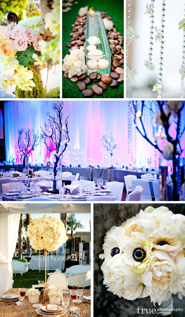 San Diego wedding florist Blush-Botanicals create manzanita tree centerpieces with dripping crystals and white peonies and driftwood floral designs