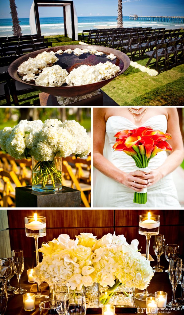 San Diego florist Botanica desinged white hydrangeas for wedding at the Scripps seaside forum and fancy white centerpieces with candles