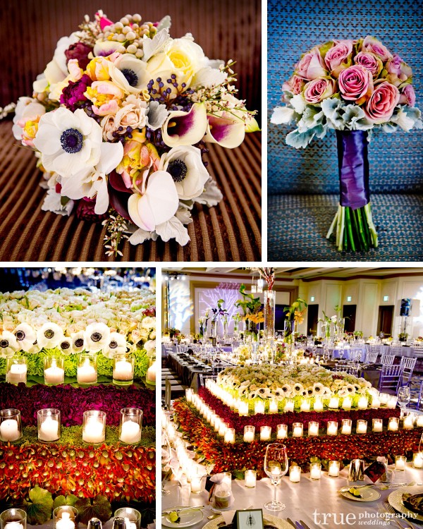 San Diego Wedding florist Floral-Works-&-Events designed a unique and colorful bouquet and head table floral centerpiece and candles