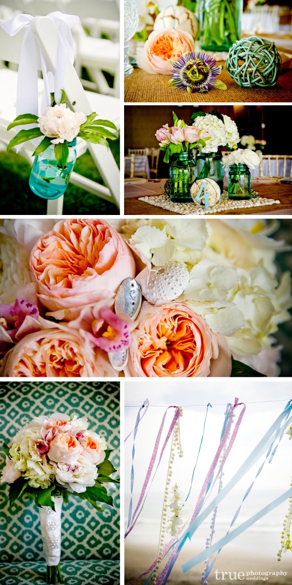 Unique mason jar centerpieces with peonies and roses made by Flowechild for beachy and eclectic wedding in San Diego 