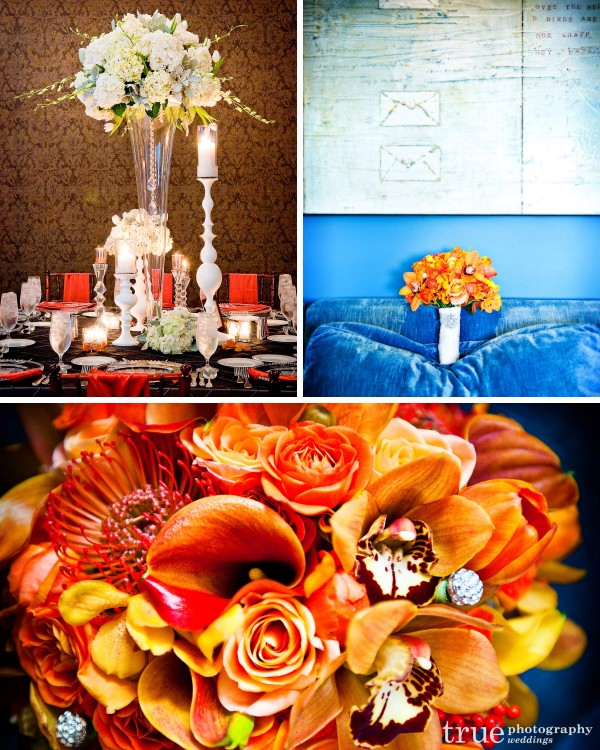 Jennifer Cole Florals of San Diego designed these orange bouquets and white modern centerpieces for a wedding at the US Grant Hotel