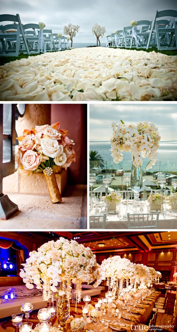 San Diego Wedding flowers created by Karen Tran florals with lots of roses for a beach wedding and a grand celebration at the Grand Del Mar 