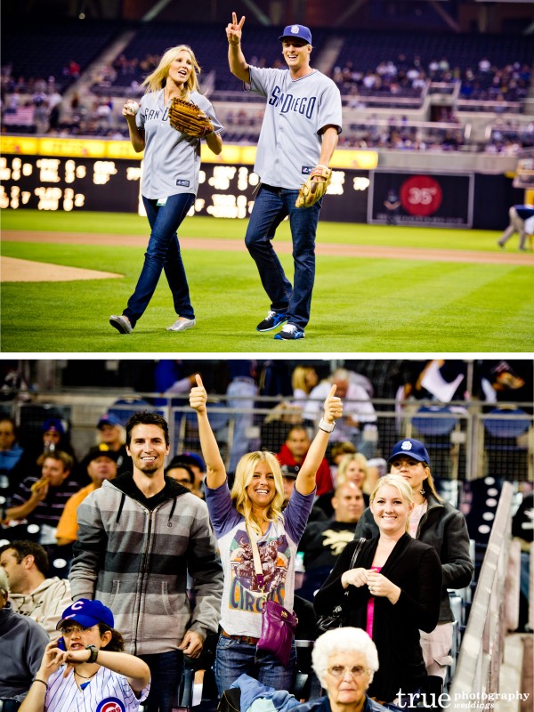 San Diego Wedding Photography: True Photography photographs and cheers Meghan and Cheyne winners of Amazing Race 15 at Petco Park Padres games against Chicago Cubs