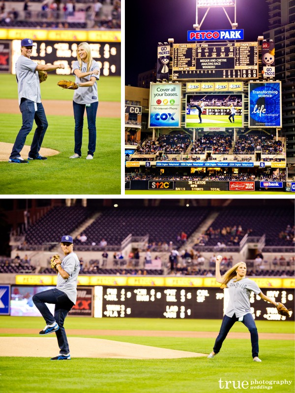 San Diego Wedding Photography: Meghan and Cheyne of Amazing Race throw out first pitch at San Diego Padres game at Petco Park 
