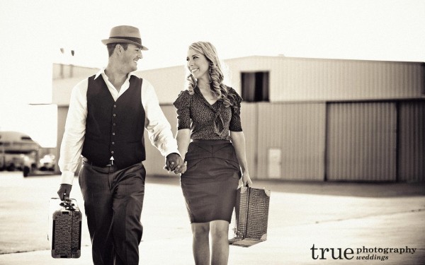 San Diego Wedding Photography: Pan Am inspired Vintage engagement shoot with suitcases at San Diego International Airport 