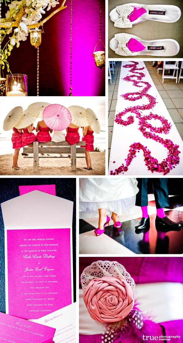 San Diego Wedding Photography: Pink Wedding color with pink flowers down the aisle, pink lights, pink socks, pink boquet, and pink umbrellas at a wedding, Pink wedding invitations