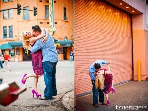 San Diego Wedding Photographers photograph engagement shoot in urban, downtown san diego