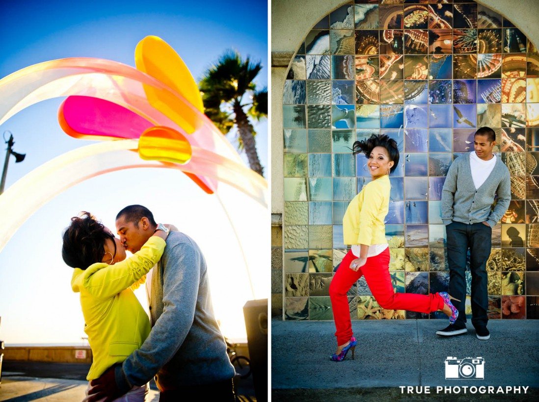Engagement photo shoot of Mission Beach couple with colorful textures