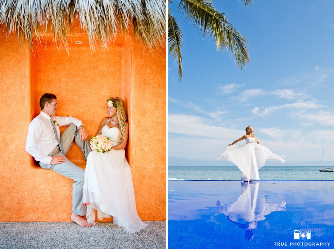 Beautiful bride at Mexico destination wedding standing on the edge of an infinity pull with her reflection in the water.