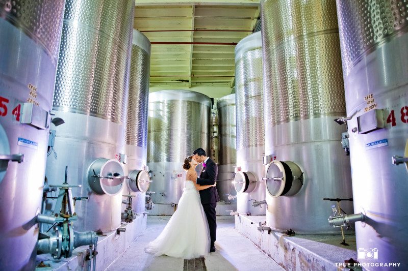 Couple kiss between distillery tanks at vineyard