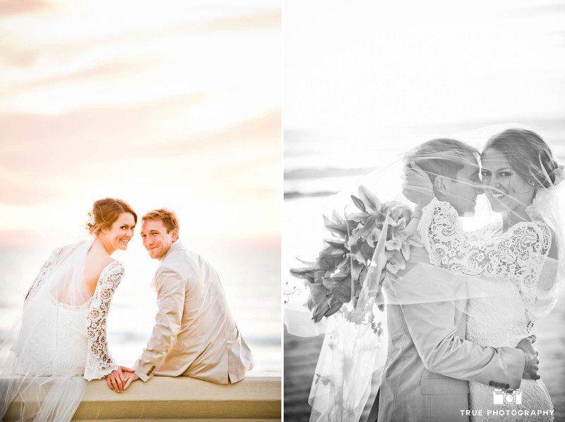 Bride covering groom in veil and sunset portrait at Coronado beach
