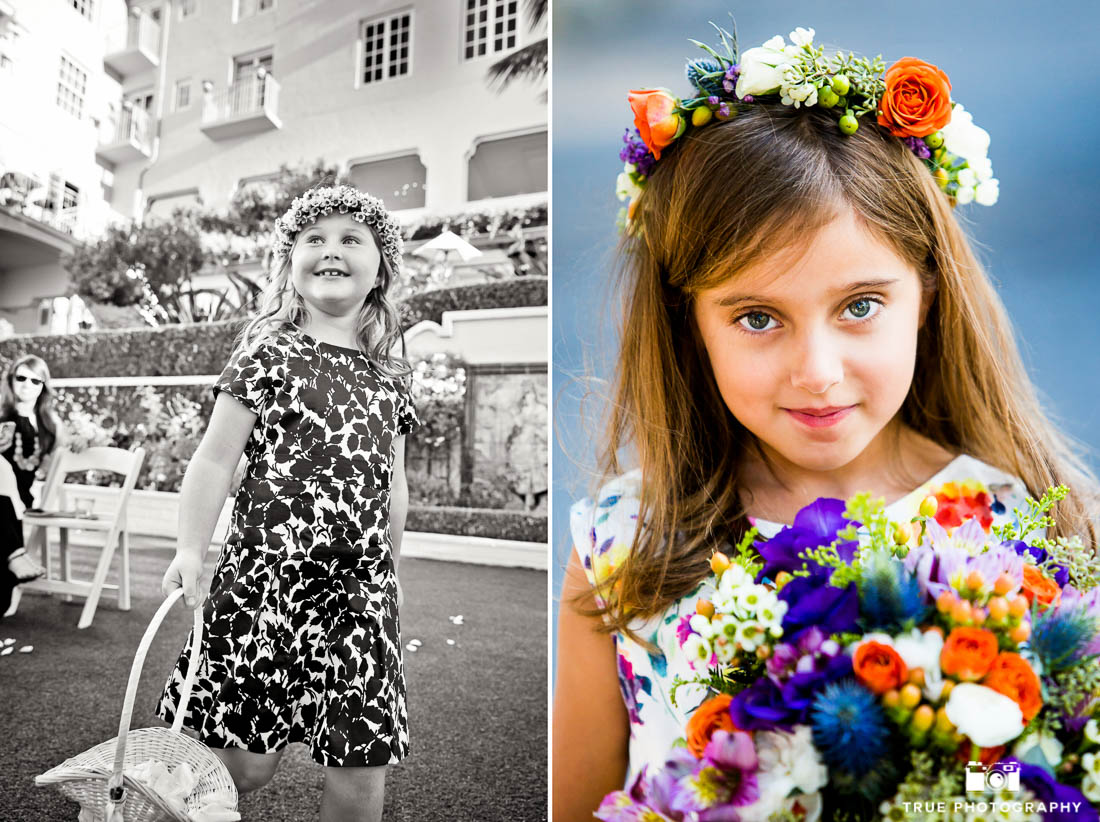 Flower girls in patterned dresses on a wedding day