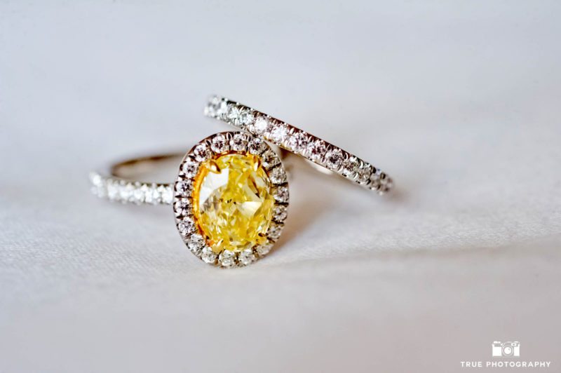Bride's Unique Halo-style wedding band and yellow diamond with Eternity Engagement Band