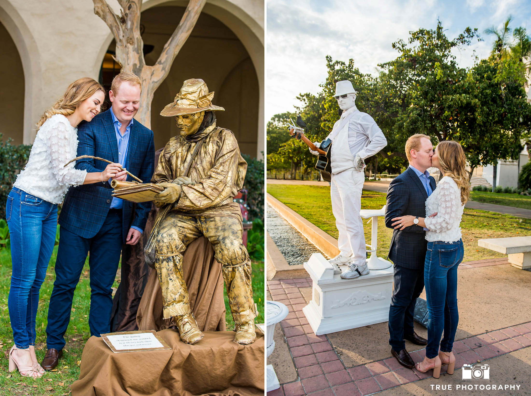 Engaged couple laugh and kiss while interacting with living statue street performers