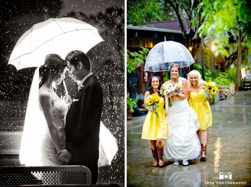 Bridesmaids escort bride through the rain.