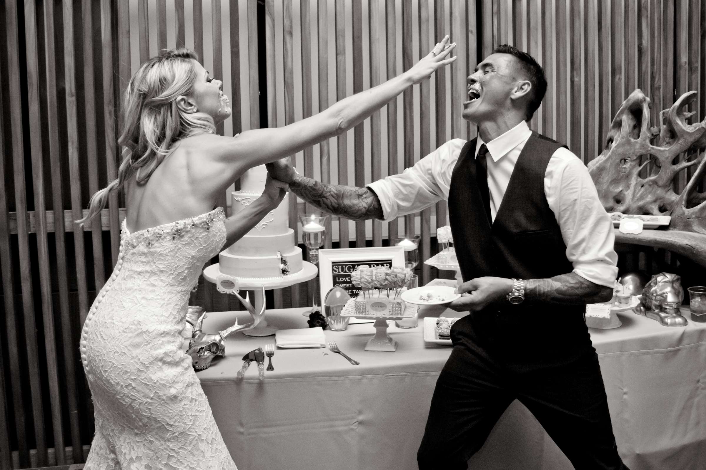 Cake Cutting, Emotional moment, Candid moment, Funny moment at Scripps Seaside Forum Wedding coordinated by Carmin Designs, Kelly and Jodie Wedding Photo #49 by True Photography