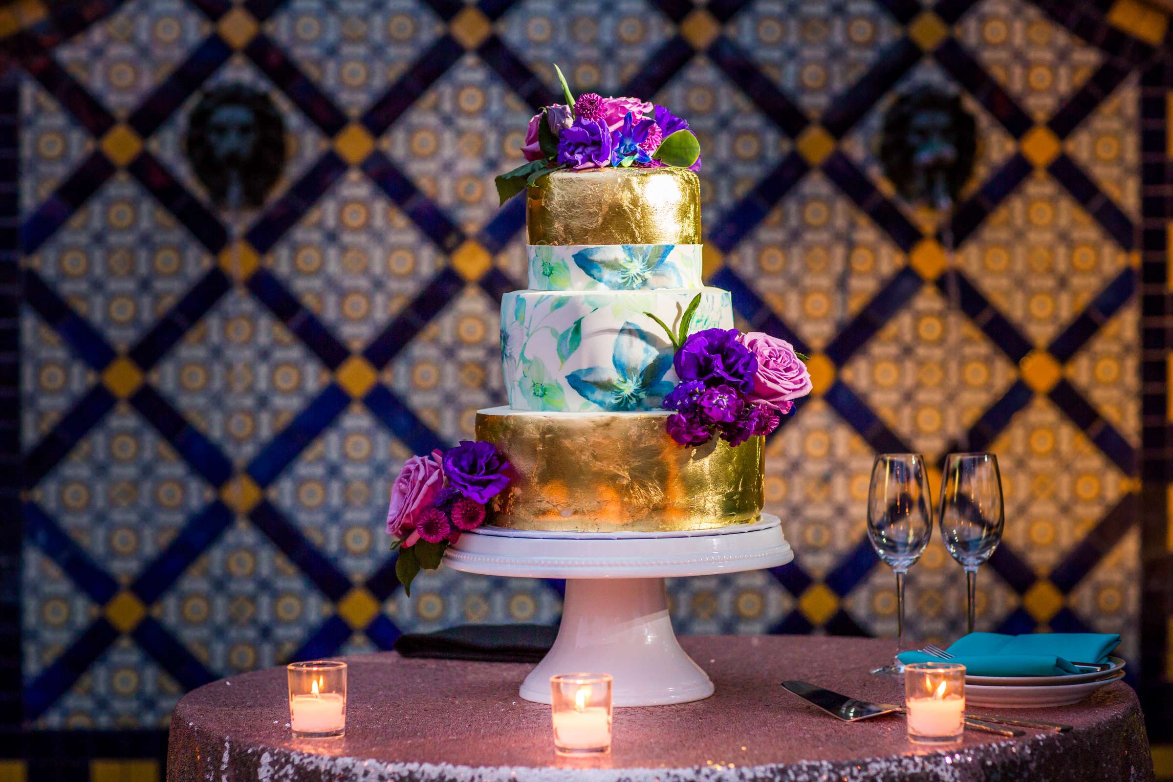 Gold colors, Cake at Rancho Valencia Wedding coordinated by Tasteful Tatters, Lacey and Michel Wedding Photo #136 by True Photography