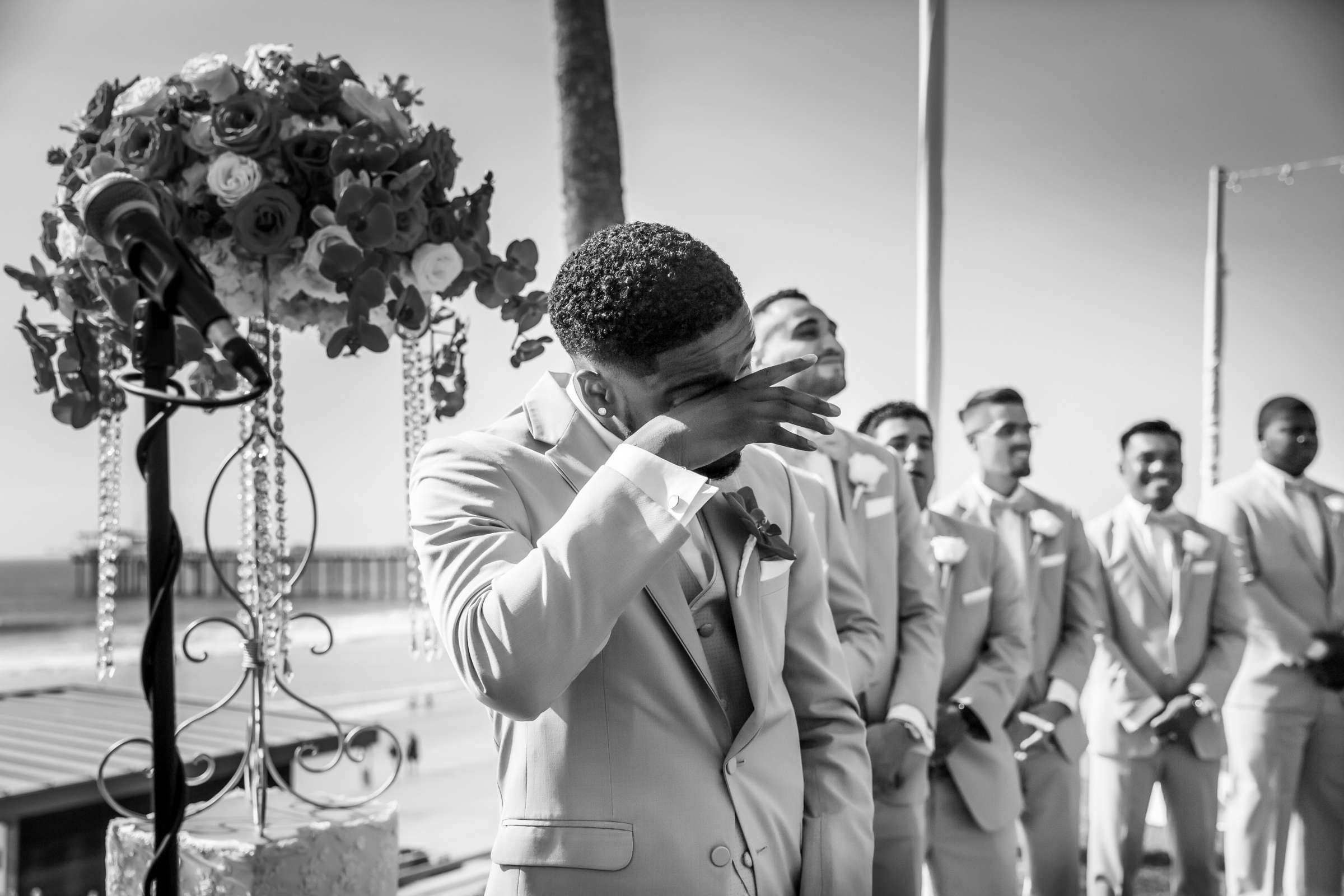 Emotional moment, Groom, Ceremony at Scripps Seaside Forum Wedding coordinated by Lavish Weddings, Nicole and Brandon Wedding Photo #51 by True Photography